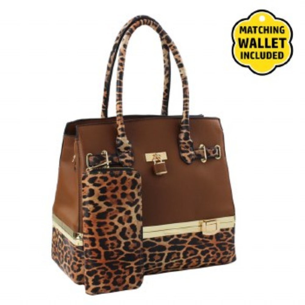 NEW Fashion Tote with Matching Wristlet- 2 Pc Set - Bottom Compartment - Brown